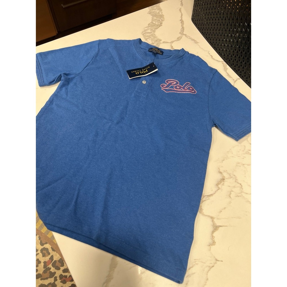 Polo Ralph Lauren Blue Script Logo Cotton Henley Shirt Size L boys‎ 14-16 nwt